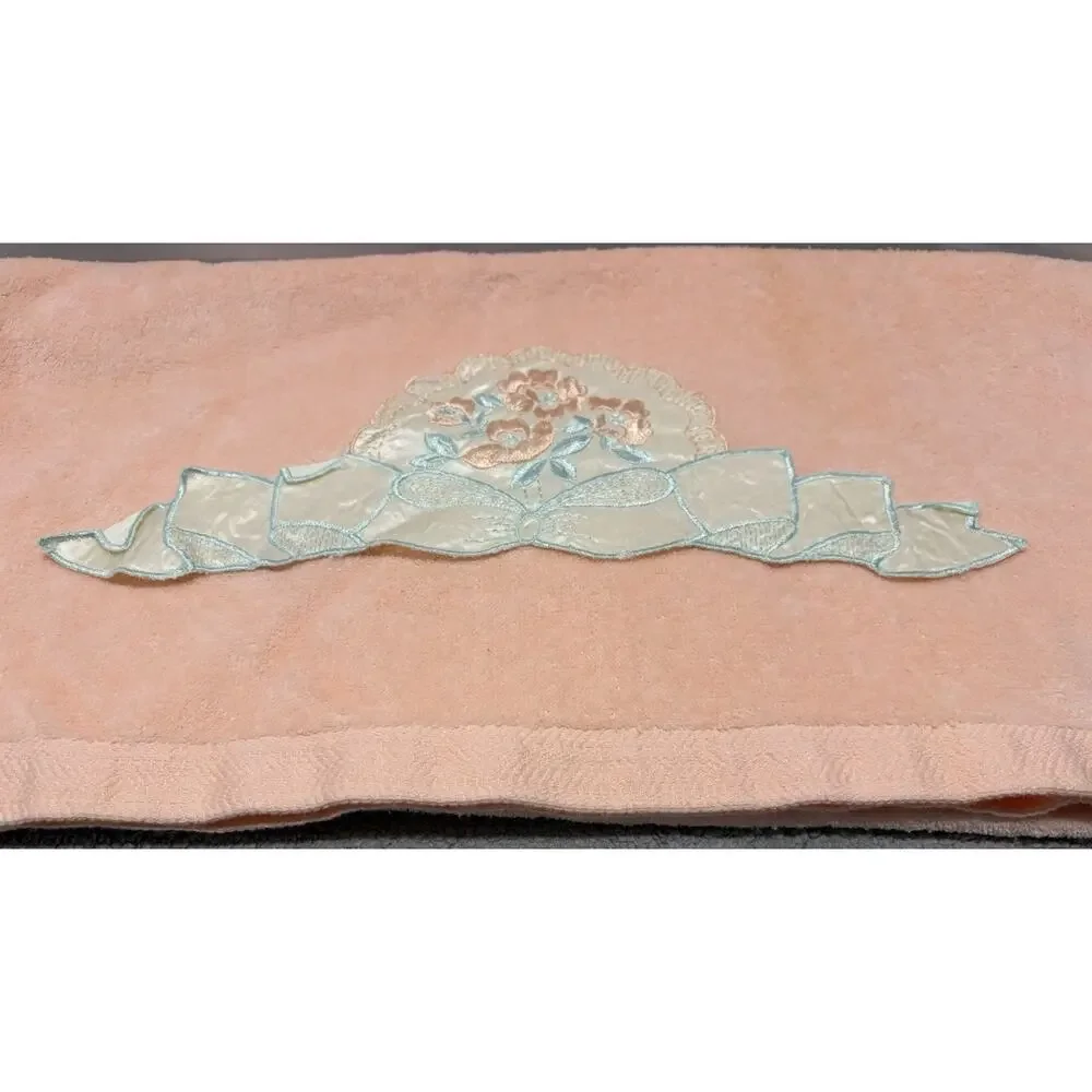 Towel Hand & Bath Set of 2 Peach Floral Embroidered Applique Saturday Knight